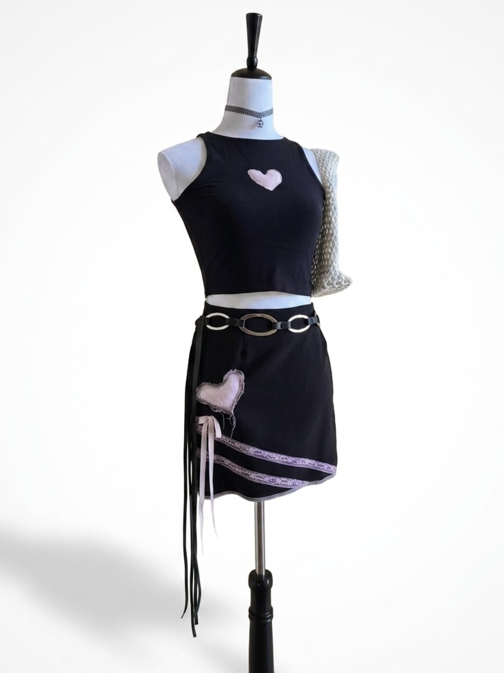 Vintage Y2K UpCycled 2PC Skirt Set Black Pink Crop Tank Mini Skirt Puff Heart XS